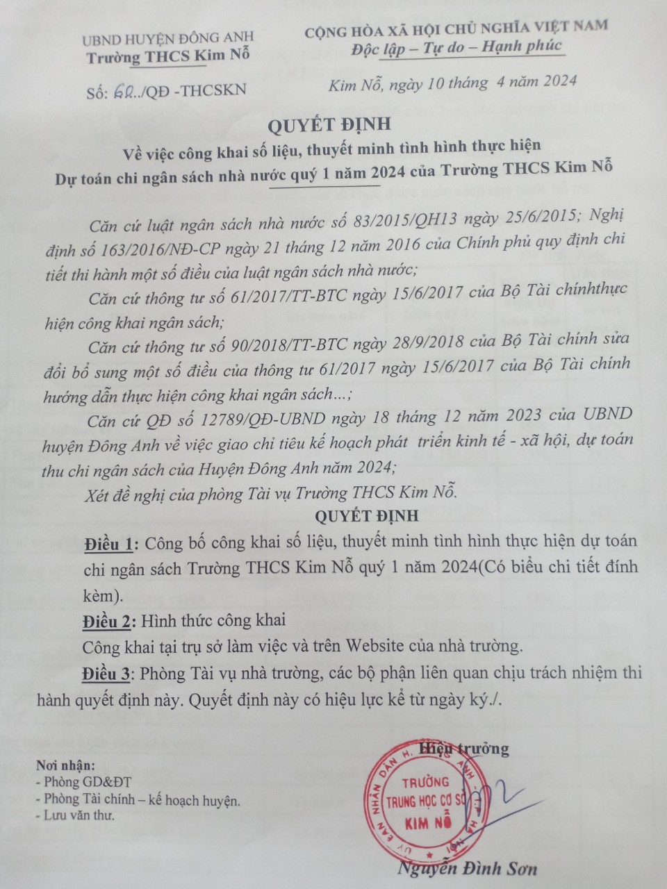 CÔNG KHAI THỰC HIỆN DỰ TOÁN QUÝ I NĂM 2024