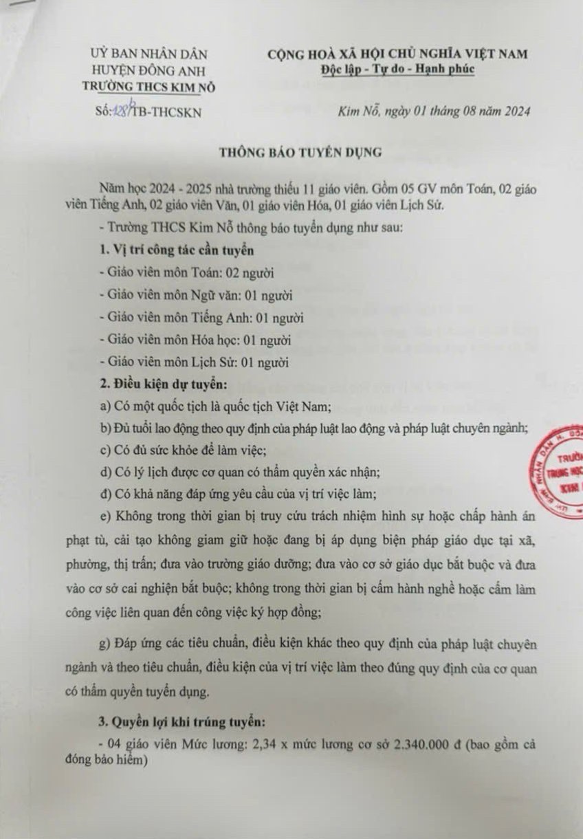 THÔNG BÁO TUYỂN DỤNG