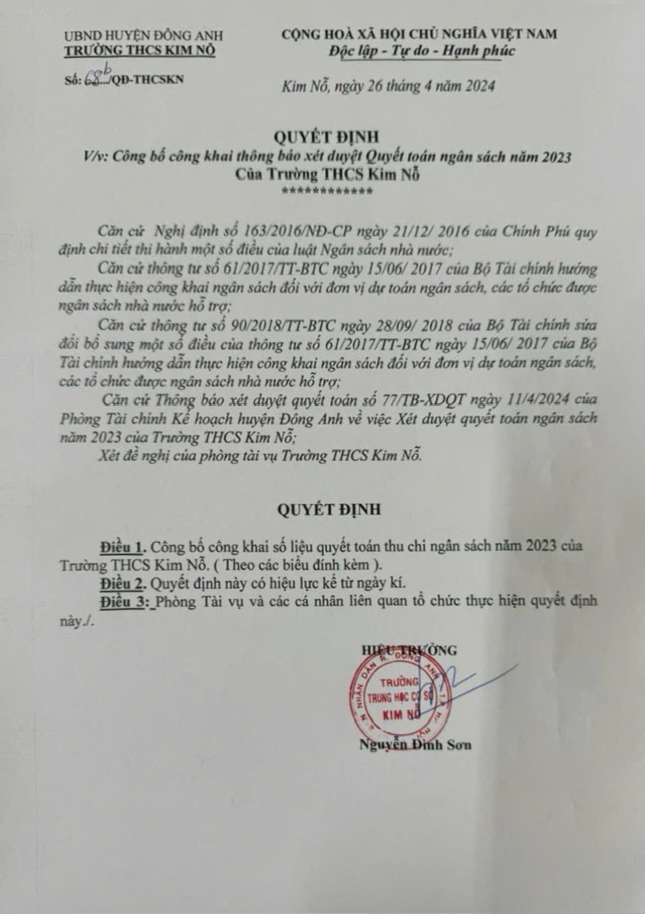CÔNG KHAI THÔNG BÁO XÉT DUYỆT QUYẾT TOÁN NGÂN SÁCH NĂM 2023