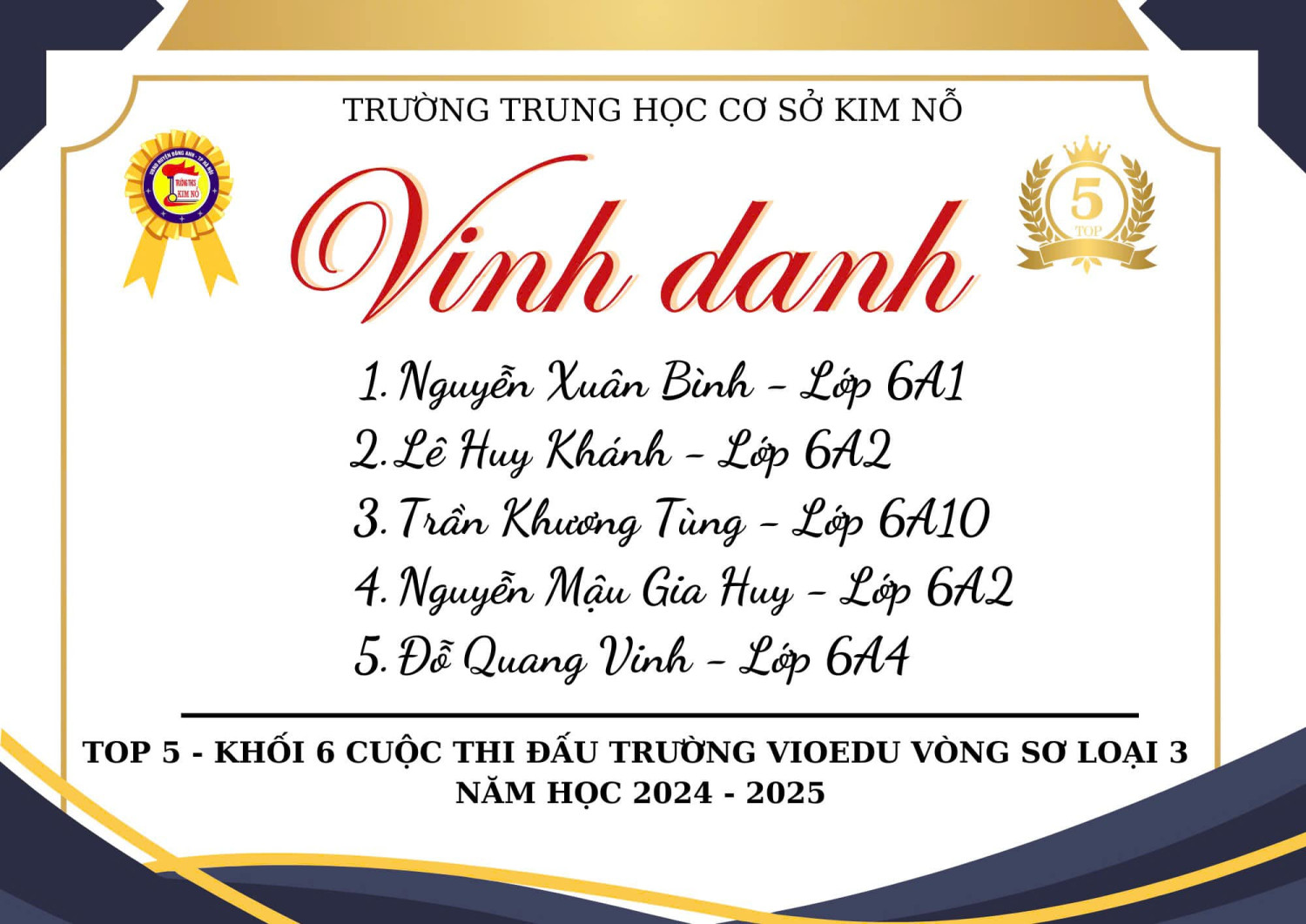 VINH DANH TOP 5 CẤP TRƯỜNG VÒNG 3 CUỘC THI ĐẤU TRƯỜNG TOÁN HỌC VIOEDU