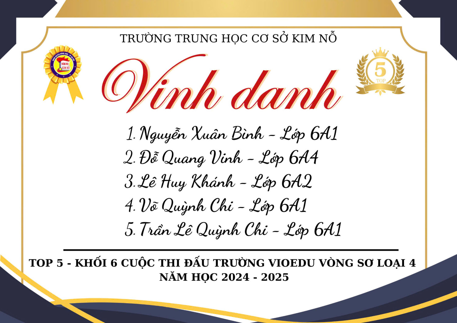 TRƯỜNG THCS KIM NỖ VINH DANH  TOP 5 CẤP TRƯỜNG VÒNG 04 CUỘC THI ĐẤU TRƯỜNG TOÁN HỌC VIOEDU HUYỆN ĐÔNG ANH NĂM HỌC 2024 - 2025