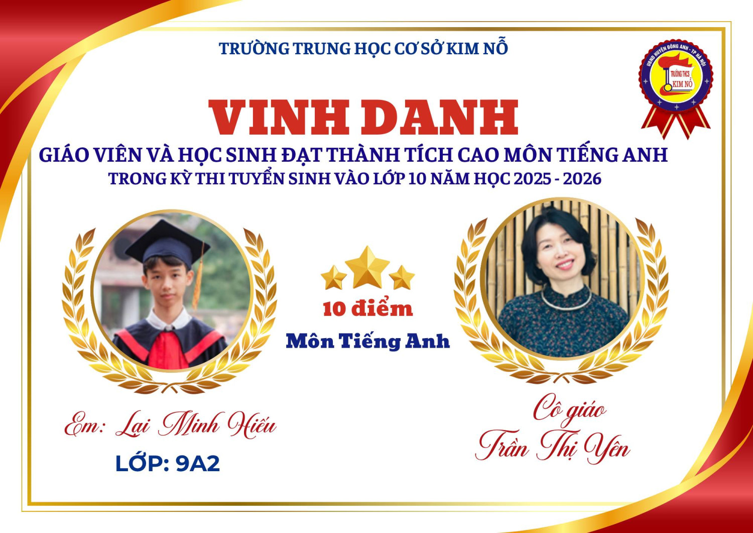 VINH DANH GIÁO VIÊN VÀ HỌC SINH ĐẠT THÀNH TÍCH CAO MÔN TIẾNG ANH TRONG KỲ THI TUYỂN SINH VÀO LỚP 10 THPT NĂM HỌC 2025 - 2026