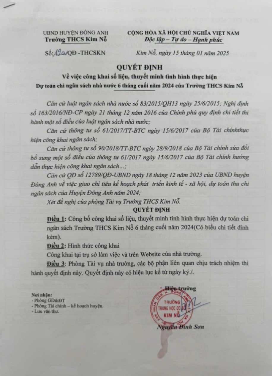 CÔNG KHAI SỐ LIỆU, THUYẾT MINH TÌNH HÌNH THỰC HIỆN DỰ TOÁN CHI NGÂN SÁCH NHÀ NƯỚC 6 THÁNG CUỐI NĂM 2024 CỦA TRƯỜNG THCS KIM NỖ