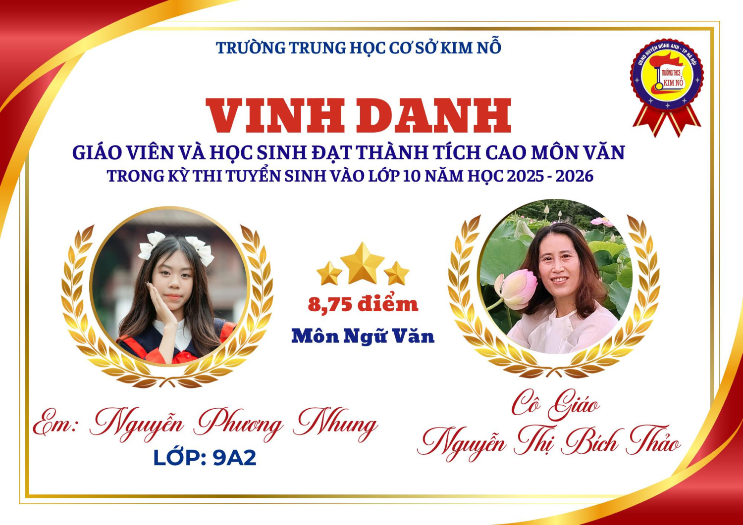 VINH DANH GIÁO VIÊN VÀ HỌC SINH ĐẠT THÀNH TÍCH CAO MÔN NGỮ VĂN TRONG KỲ THI TUYỂN SINH VÀO LỚP 10 THPT NĂM HỌC 2025 - 2026
