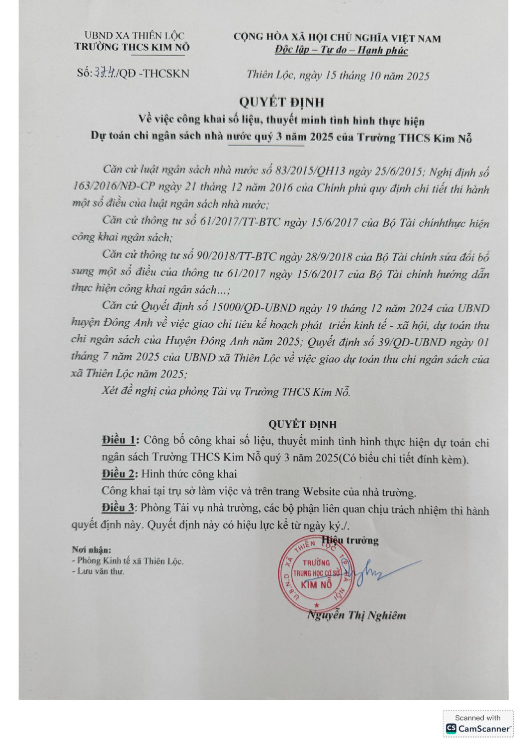 CÔNG KHAI SỐ LIỆU, THUYẾT MINH TÌNH HÌNH THỰC HIỆN DỰ TOÁN CHI NGÂN SÁCH NHÀ NƯỚC QUÝ 3 NĂM 2025 CỦA TRƯỜNG THCS KIM NỖ