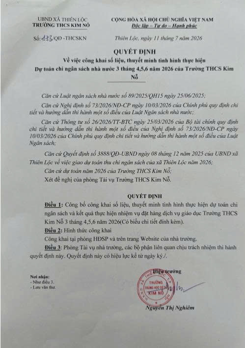 CÔNG KHAI SỐ LIỆU, THUYẾT MINH TÌNH HÌNH THỰC HIỆN DỰ TOÁN CHI NGÂN SÁCH NHÀ NƯỚC 3 THÁNG 4,5,6 NĂM 2026 CỦA TRƯỜNG THCS KIM NỖ.