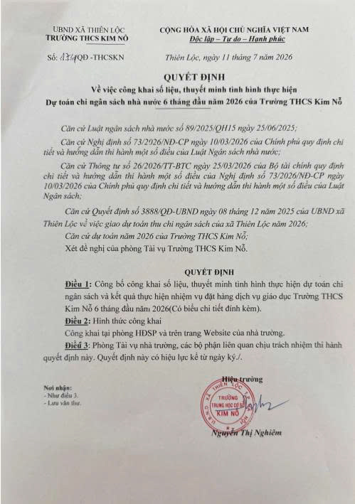 CÔNG KHAI SỐ LIỆU, THUYẾT MINH TÌNH HÌNH THỰC HIỆN DỰ TOÁN CHI NGÂN SÁCH NHÀ NƯỚC 6 THÁNG ĐẦU NĂM 2026 CỦA TRƯỜNG THCS KIM NỖ